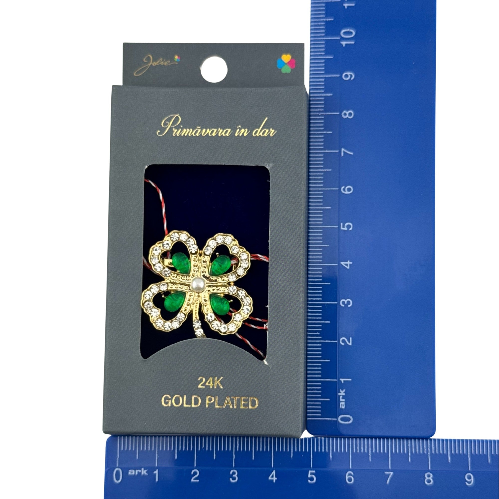 Martisor Brosa Placata cu Aur 24K, Dimensiune Brosa 2-3 cm, Model Trifoi cu Pietre Verzi