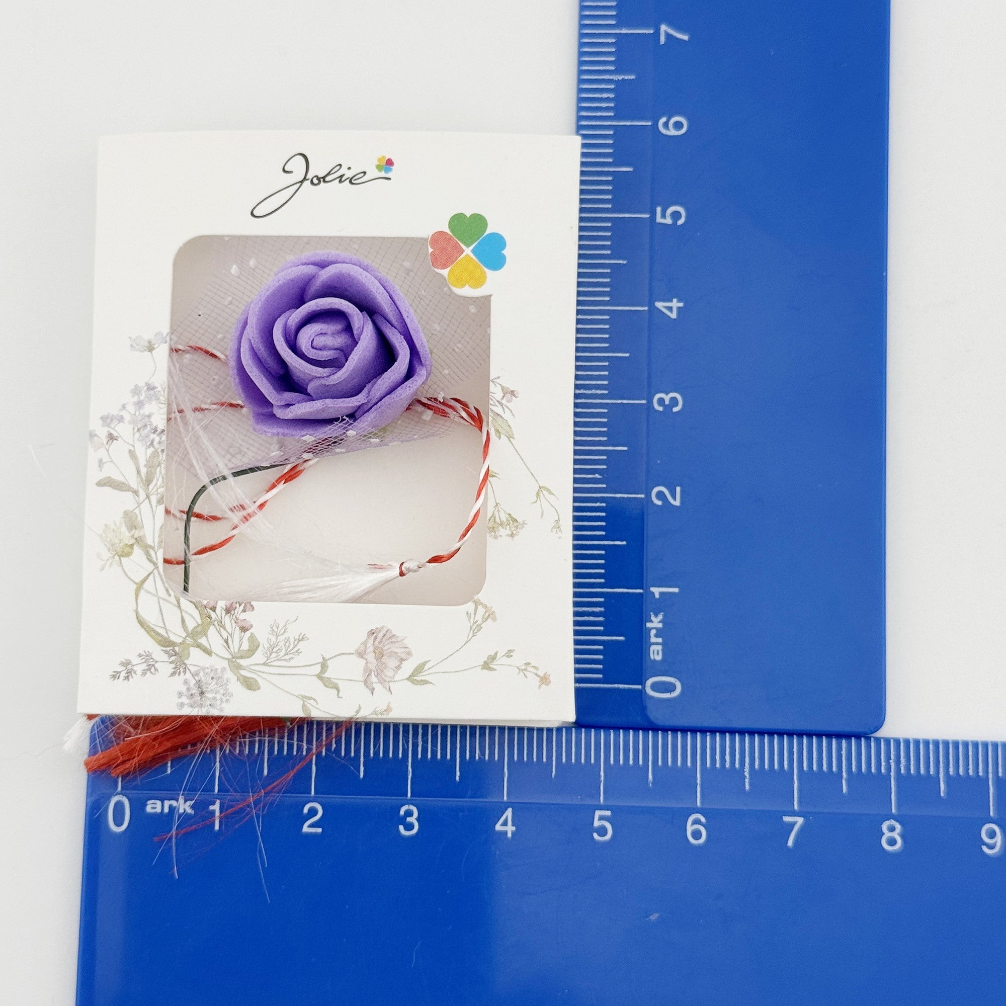 Martisor Motiv Floral, Model Trandafir, cu Snur Alb/Rosu, 9 x 5 cm, Mov