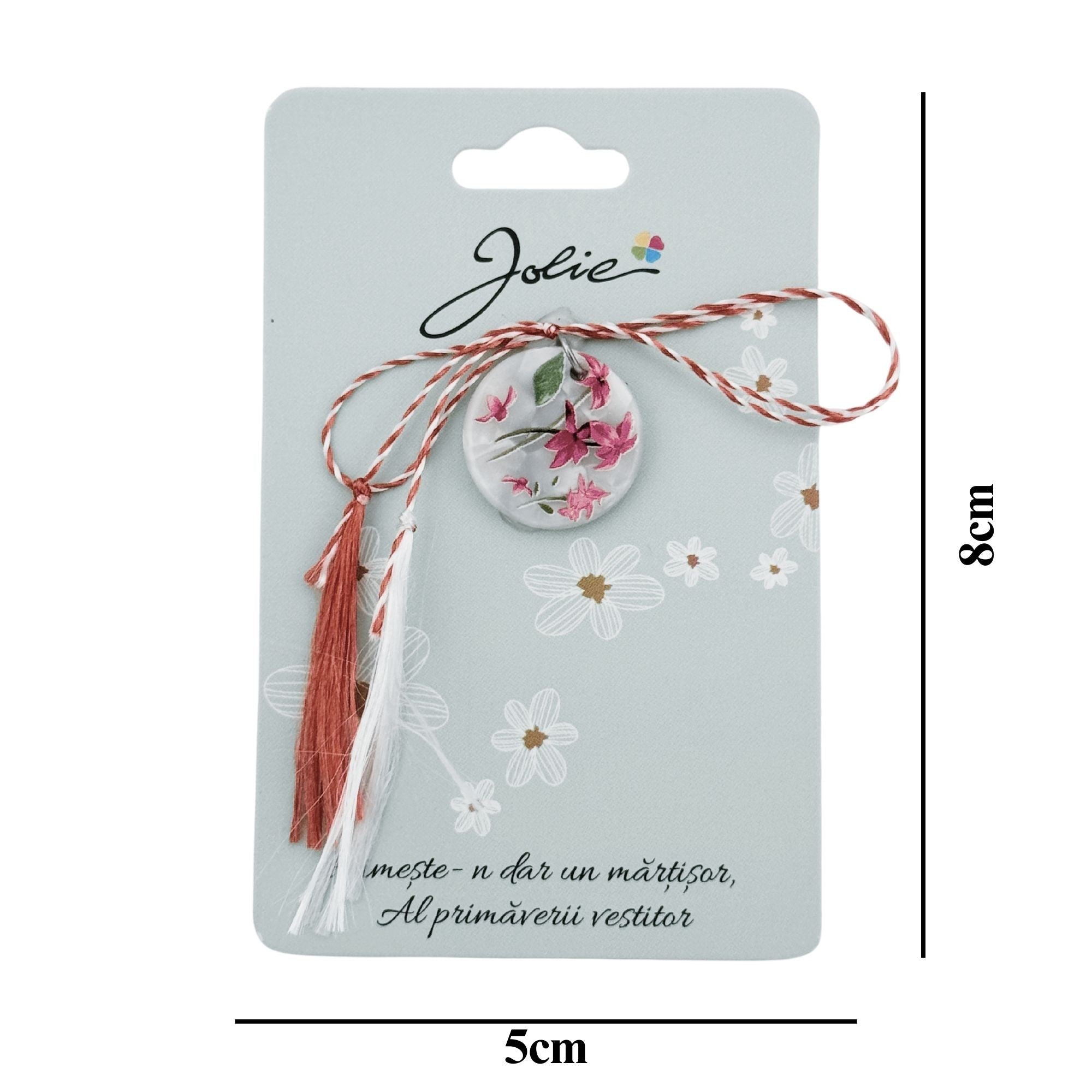 Martisor Traditional din Acril, Model Rotund Flori Roz, cu Snur Impletit Alb/Rosu, Pandantiv 2 cm, Multicolor