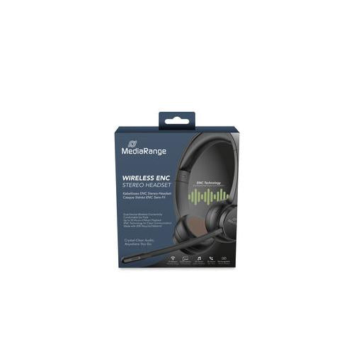 MediaRange Wireless ENC Stereo Headset with rotatable microphone arm, Function Buttons, Rechargeable 400mAh Battery, 2-Device Pairing (BT Ver. 5.2), Black "MROS307" (timbru verde 0.18 lei)