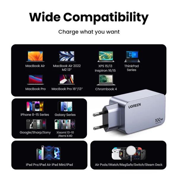 INCARCATOR retea Ugreen, Nexode "X757" Quick Charge 100W GaN, 1 x USB, 2 x USB Tpe-C, include cablu USB Type-C la USB Type-C 240W 1.5 m, gri "25874" - 6941876228744
