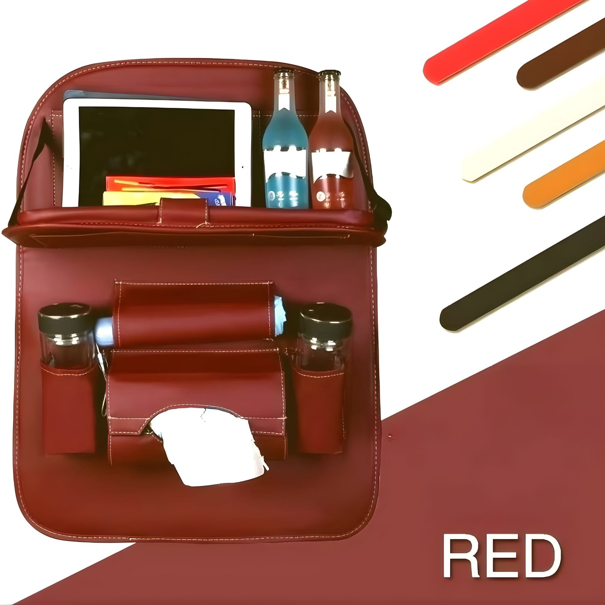 Organizator Spate Scaun Auto, Masa Pliabila, Piele Ecologica, Impermeabil, Suport pentru Tableta, Sortare Lucruri si Protejare Tapiterie, 40 x 63cm, Orange