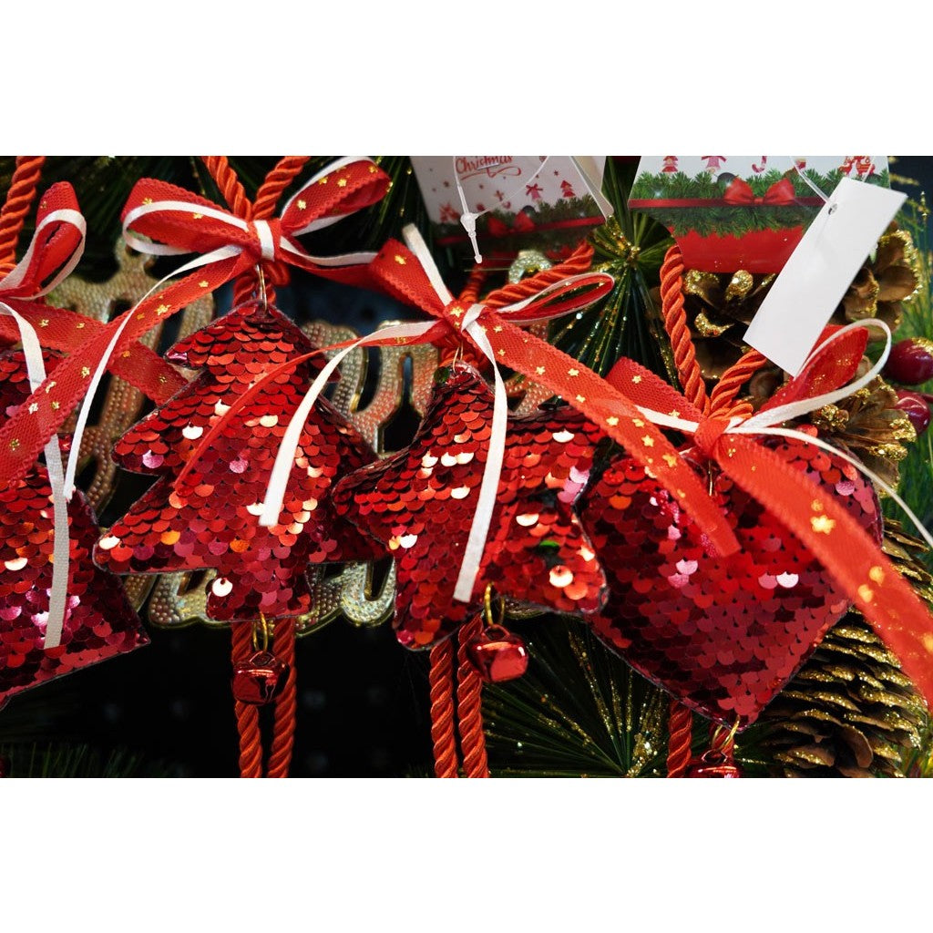 Ornament de brad clopotel cu paiete, rosu, lemn, 25 cm