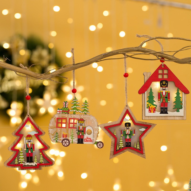 Ornament de Brad, Flippy, cu Lumini LED, din Lemn, Figurina Spargatorul de Nuci, Model Stea, Multicolor