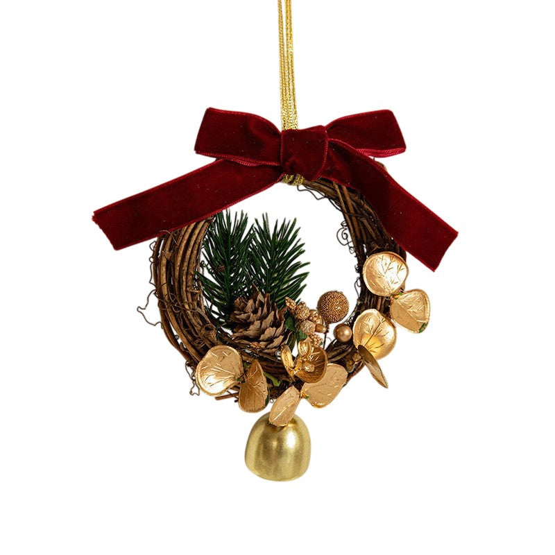 Ornament de Brad, tip Coronita de Craciun cu 1 Clopotel cu Flori Aurii si Conuri de Brad, Panglica Rosie de Velvet, 14 x 10 cm, Rosu
