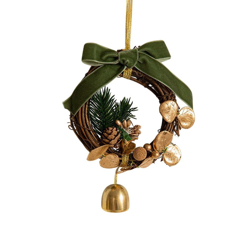 Ornament de Brad, tip Coronita de Craciun cu 1 Clopotel cu Flori Aurii si Conuri de Brad, Panglica Verde de Velvet, 14 x 10 cm, Verde