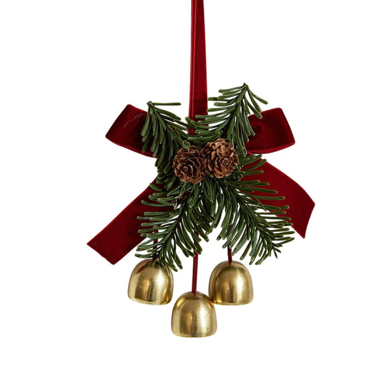 Ornament de Brad, tip Funda de Craciun cu 3 Clopotei Aurii si Conuri de Brad, Panglica Rosie de Velvet, 16 x 11 cm, Rosu