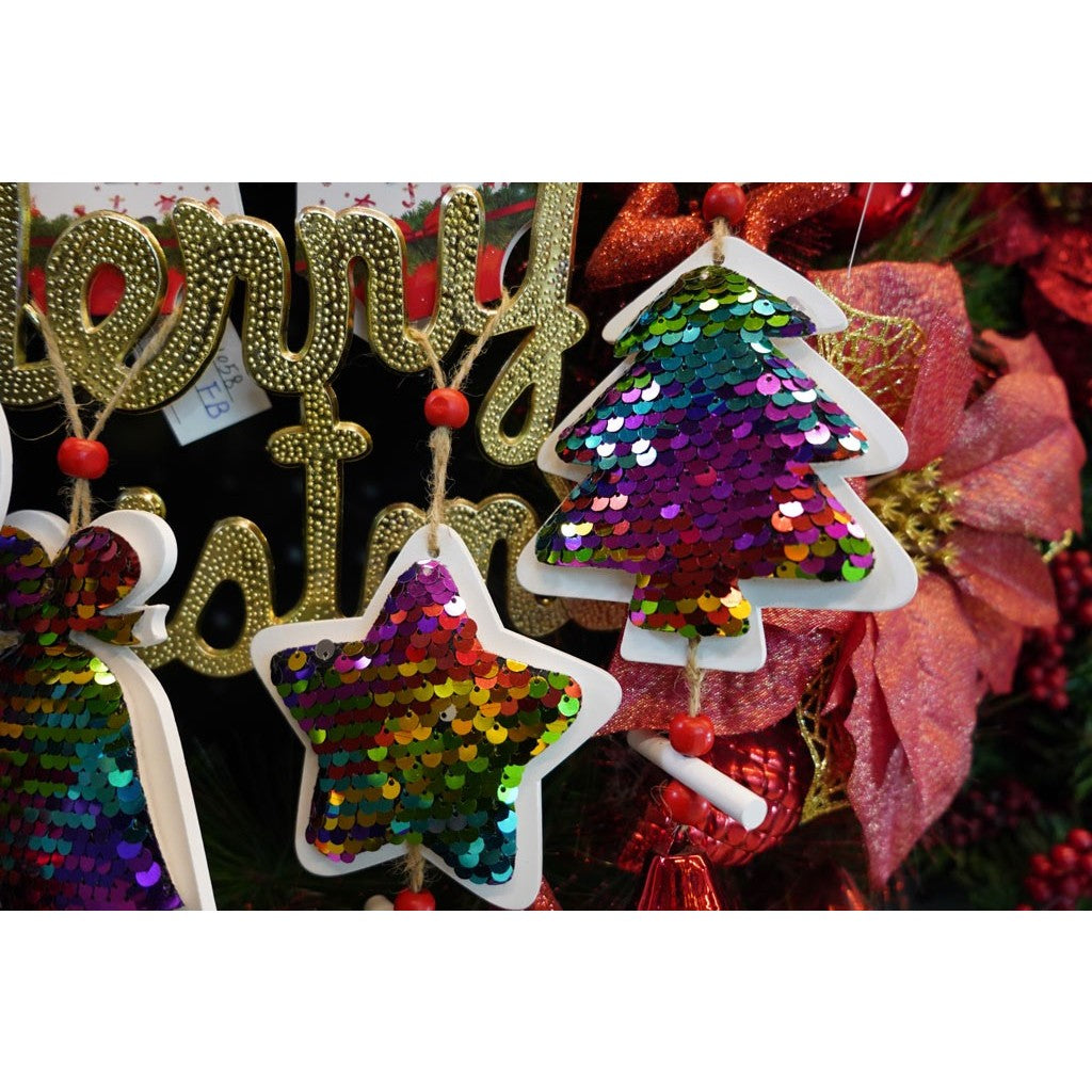 Ornament de brad pom de craciun din paiete, multicolor, lemn, 18 cm