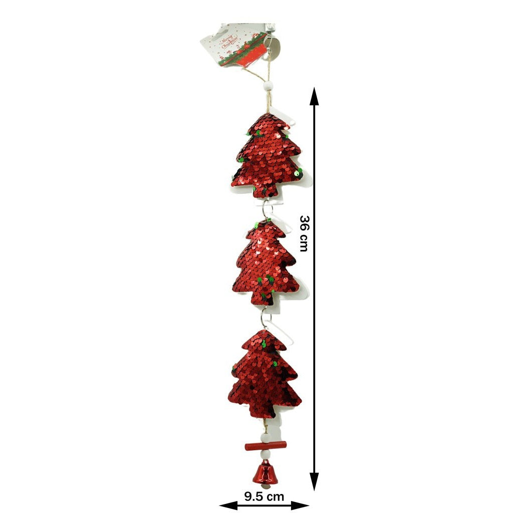 Ornament de brad trei brazi cu paiete, rosu, lemn, 36 cm