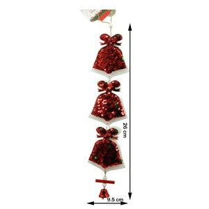 Ornament de brad trei clopotei cu paiete, rosu, lemn, 36 cm