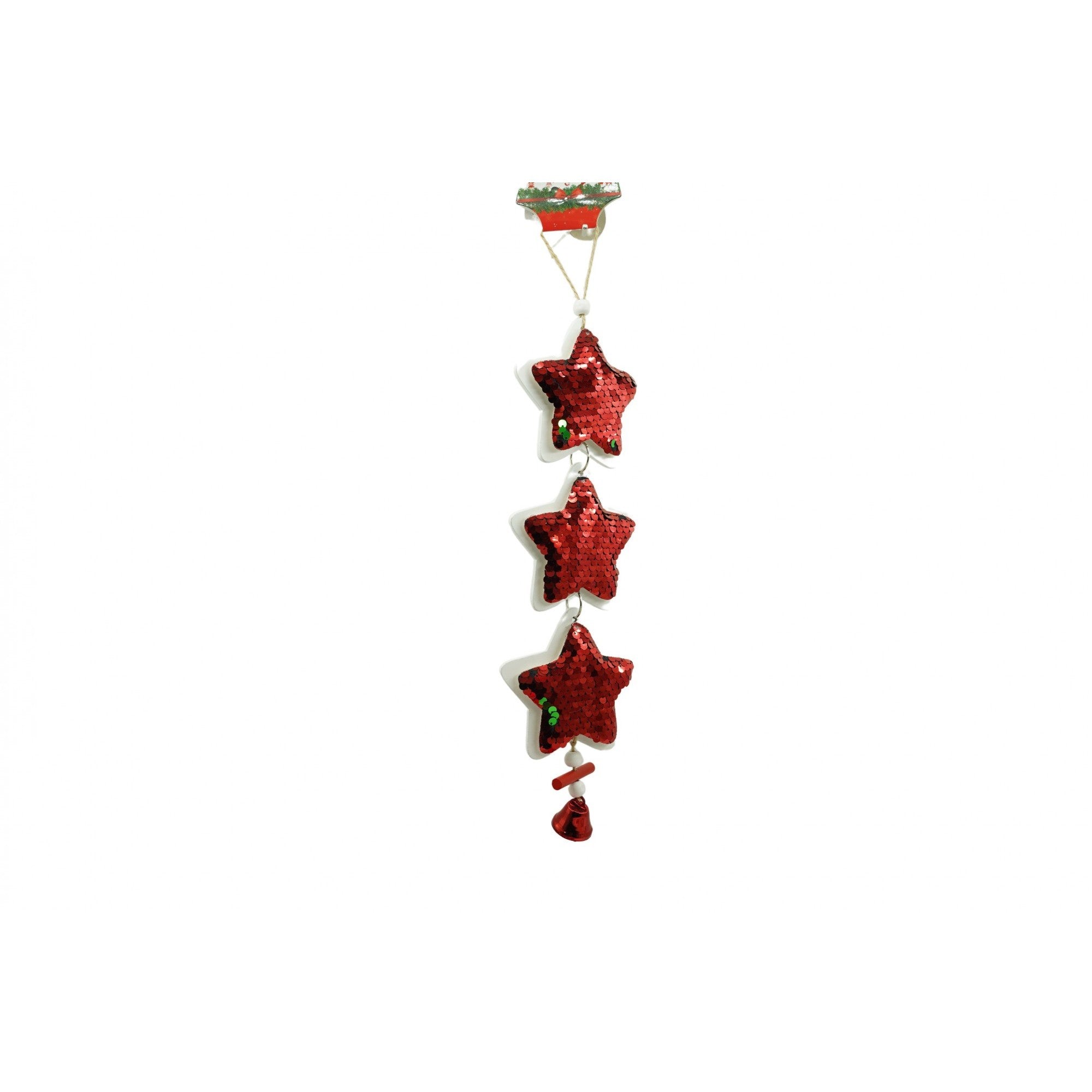 Ornament de brad trei stele cu paiete, rosu, lemn, 36 cm
