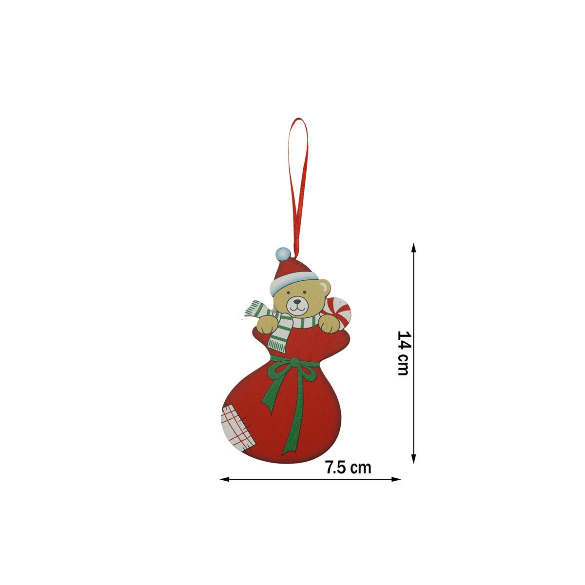 Ornament de brad ursulet, rosu, lemn, 14 cm