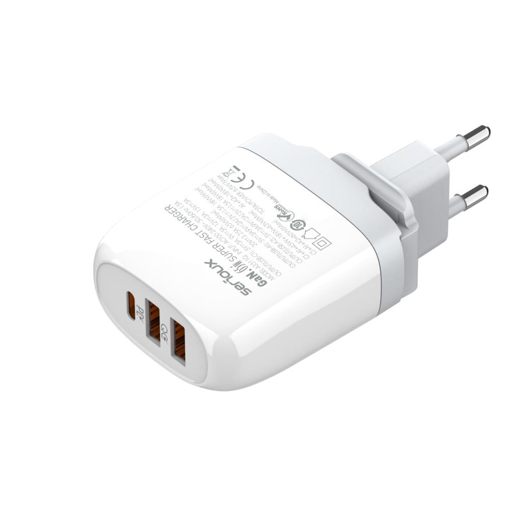 Incarcator retea Serioux 65W GAN QC, Intrare: AC100-240V~ 50/60Hz 1.5A, Ieșire (USB-C1): 5V-3A 9V-3A 12V-3A 15V-3A 20V=3.25A 65W(Max), Ieșire (USB-A1): 5V-3A 9V-2A 12V=1.5A 18W(Max), Ieșire (USB-A2): 5V-3A 9V-2A 12V 1.5A 18W(Max), A1+A2=18W(Max), C1+A1=45