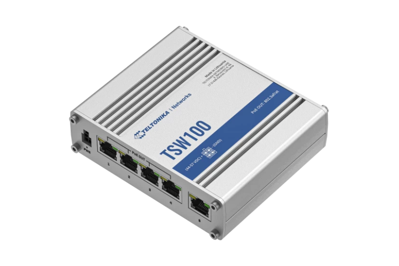TELTONIKA INDUSTRIAL 5PORT Unmanaged POE+ Switch TSW100, Interfata: 5 x ETH ports, 10/100/1000 Mbps, supports auto MDI/MDIX crossover, Standarde retea: 802.3i, 802.3u, 802.3ab, 802.3x, 802.3az, 802.3ad, Porturi POE:1-4, POE Budget: 120W, Latime de banda: