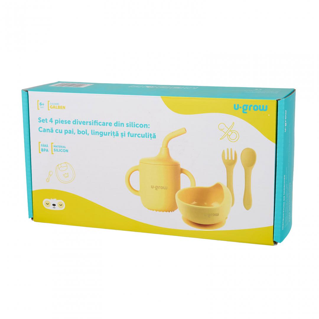 Set 4 piese din silicon,galben, U-Grow (Set 4 piese diversificare din silicon: Cana cu pai)