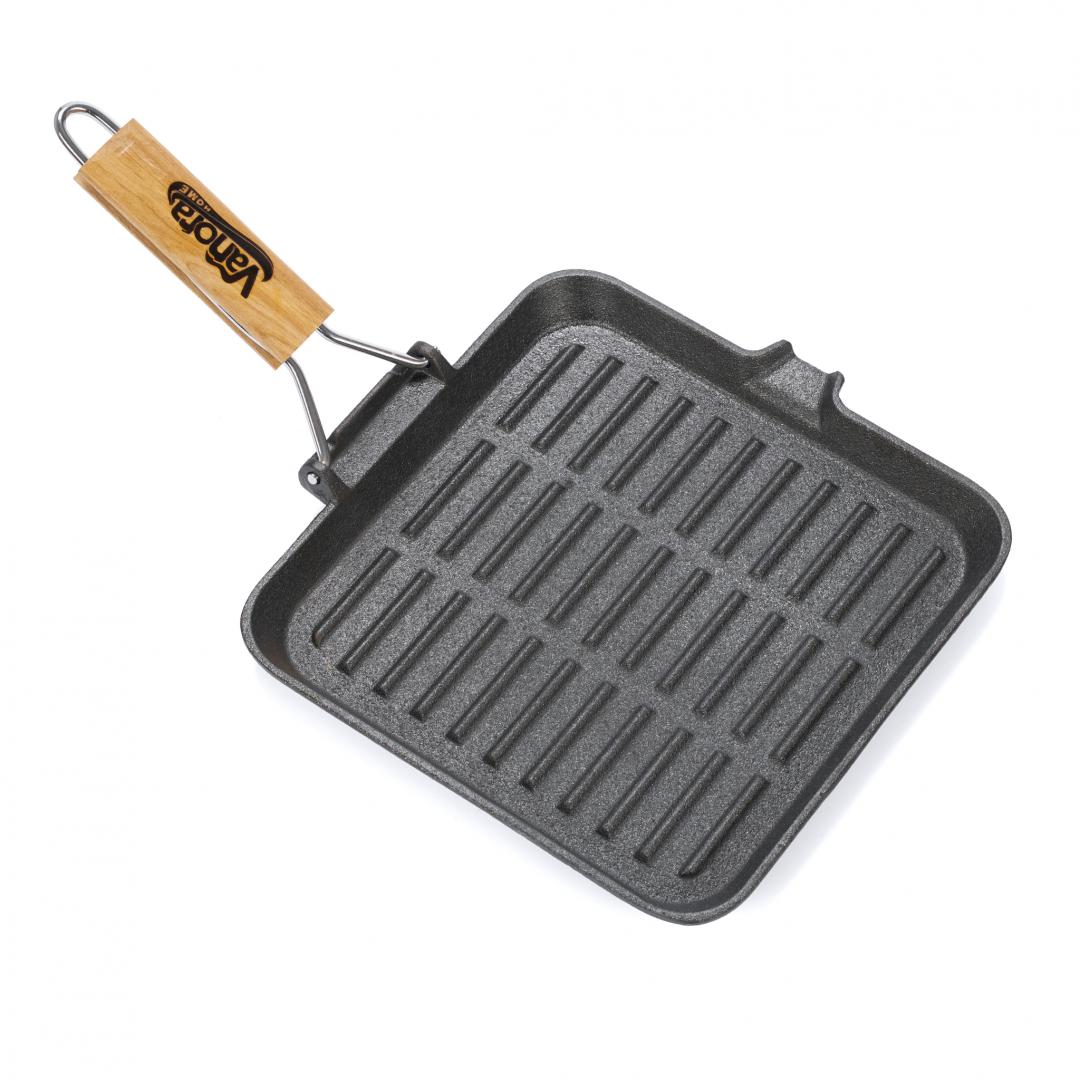 Tigaie Grill,fonta,maner LEMN,DET,23X2CM (tigaie Grill Fonta Pura cu Maner Lemn Detasabil)