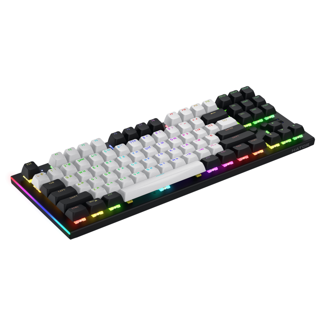 Tastatura mecanica cu fir Hator Gravity TKL conectivitate USB, polling rate 1000Hz, iluminare RGB cu functia de a customiza fiecare tasta individual, tip switch HATOR Aurum Orange Linear rev.2.0, durata de viata switch 70M de clickuri, material taste ABS,