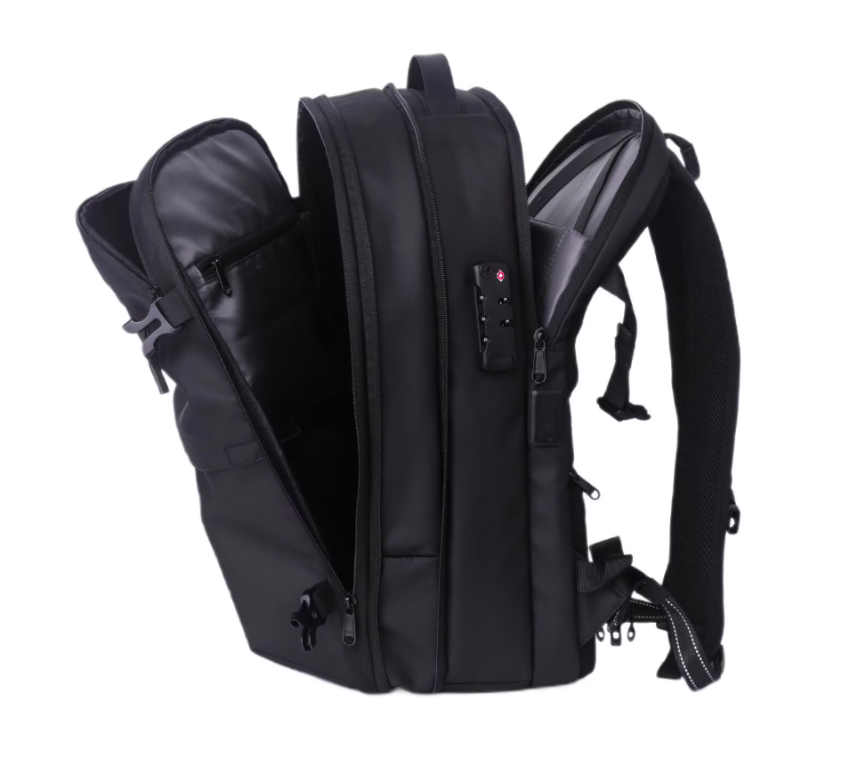Lemontti Rucsac Smart Premium cu Vacuum si pompa vid 5 capete inclusa, 30-60L pentru cabina avion, impermeabil, doua mufe incarcare USB: USB-A si Type-C, extensie suplimentara, sistem antifurt, Negru