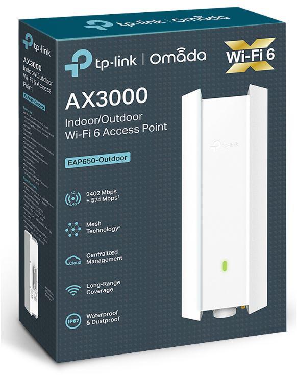 Wireless Access Point TP-Link EAP650-Outdoor, AX3000 Wireless Dual Band Indoor/Outdoor Access Point, 802.3at PoE, STANDARDE WIRELESS: IEEE 802.11ax/ac/n/g/b/a, interfata: 1× Port Ethernet (RJ-45) Gigabit (Suportă PoE 802.3at și Passive PoE), weather proof