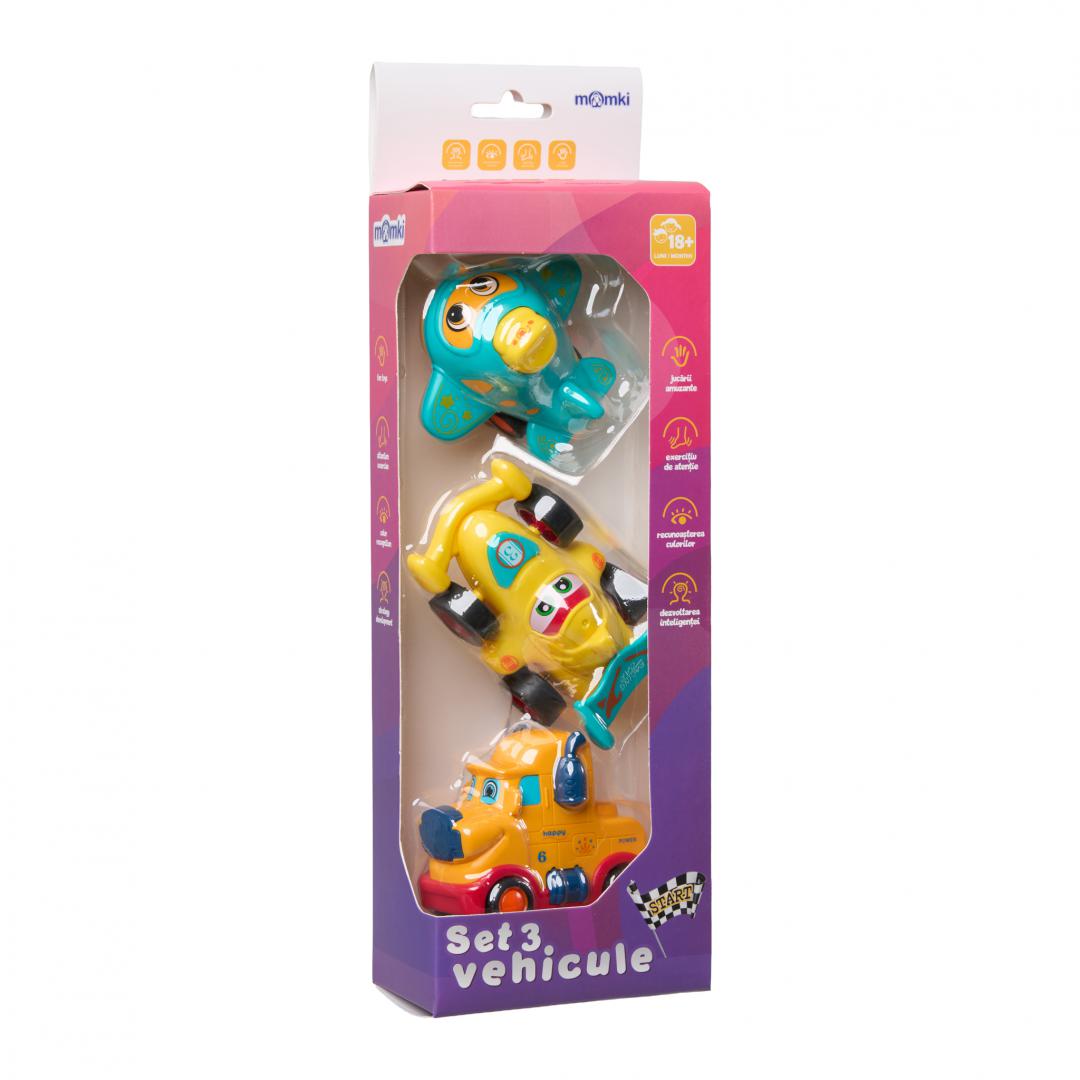 SET 3 VEHICULE ACTIONATE PRIN INERTIE- CAMION GALBEN, MASINA DE CURSE GALBENA, AVION ALBASTRU,MOMKI