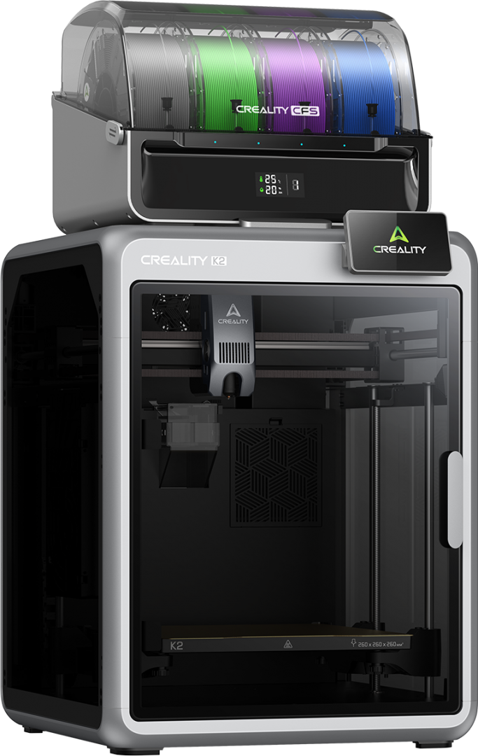 CREALITY K2 COMBO FDM 3D PRINTER, include un sistem CFS multi-color, suporta pana la 4 sisteme CFS - 16 culori, Tehnologie: FDM, Volum printare: 260 × 260 × 260 mm, 18.3 kg, Viteza printare / accelerare: 600 mm/s, 20000 mm/s², Temperatura duza: 300 °C, Mo