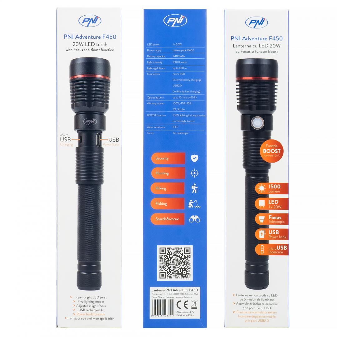 Pni Lanterna LED Aluminiu 1500LM 4400MAH (Lanterna Pni Adventure F450 din aluminiu cu focus si functie Boost)