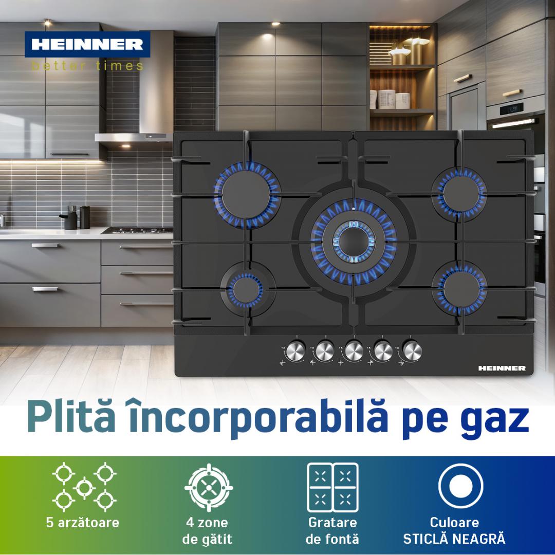 RESIGILAT | PLITA INCORPORABILA HEINNER HBH-M705IWFGBK, GAZ, 5 ARZATOARE, WOK, GRATAR FONTA, CONTROL FRONTAL, ARINDERE ELECTRICA, DISPOZITIV DE SIGURANTA, DUZE GPL INCLUSE, DIMENZIUNI (LXA): 75X51 CM, CULOARE: STICLA NEAGRA - imagine 4 - RESIGILAT