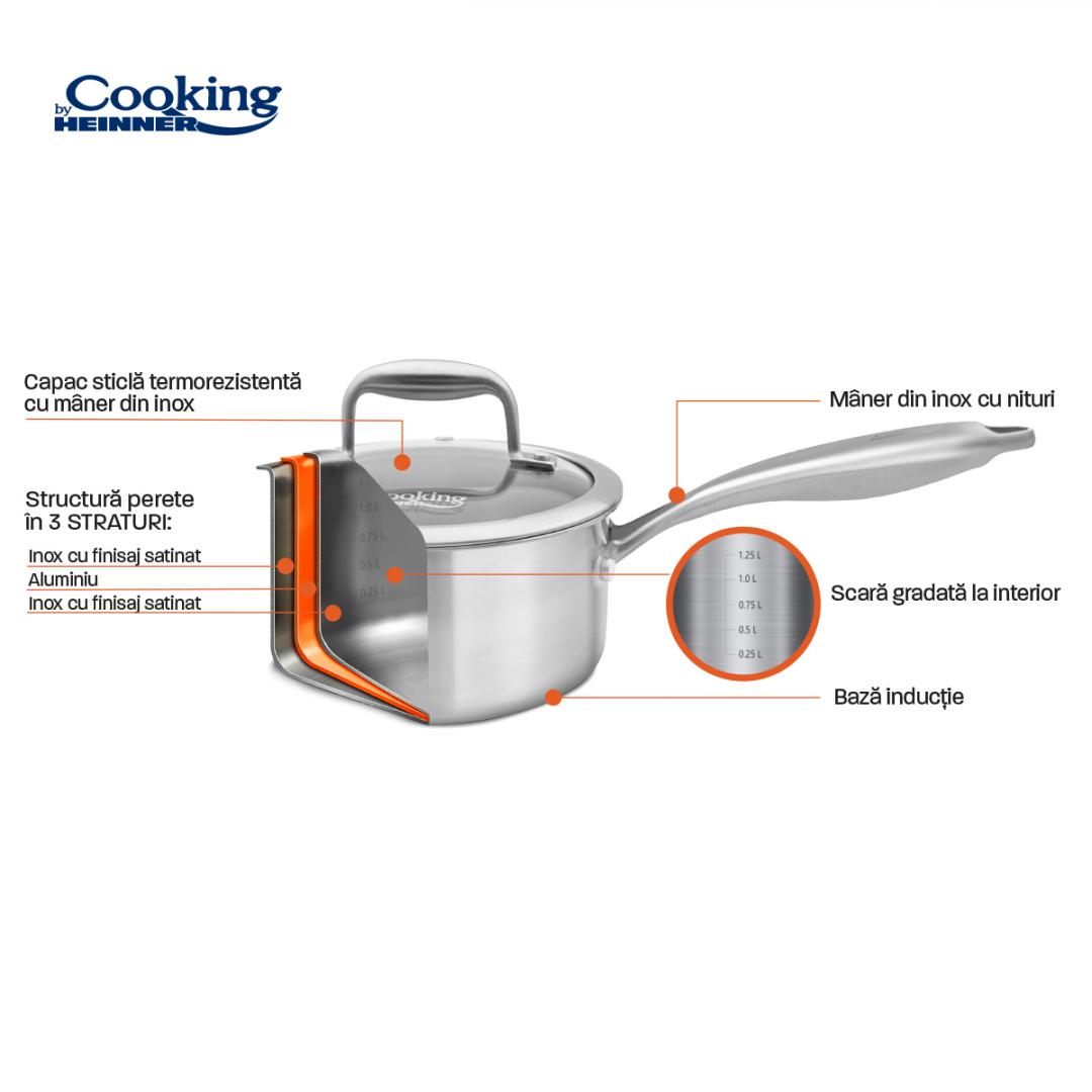 Caserola Inox+cap 16x8.5CM,1.6L, ATOMIC3 (caserola Inox+capac Sticla 16x8.5CM)