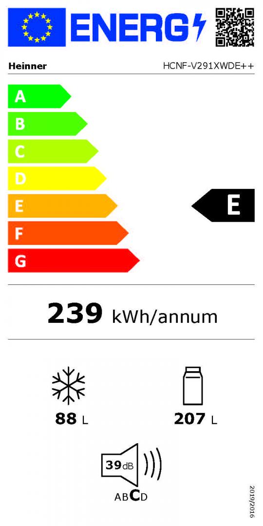 Combina frigorifica HEINNER HCNF-V291XWDE++, No Frost, 294 l, Clasa E, Dozator apa, Aspect inox