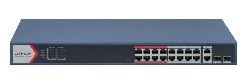 Switch 16 porturi POE Hikvision DS-3E1318P-EI(B), L2, Smart Managed, 16 × 100 Mbps PoE RJ45 ports si 2 × porturi gigabit, Putere PoE 230W, maxim 30W per port, Extend mode - pana la 300 metri, Switching capacity 7.2 Gbps, Visualized Topology Management, N