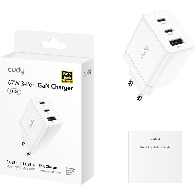 CUDY 3-Port 67W USB-C Charger, GaN, 2 USB-C ports (67W Max), 1 USB-A port (18W Max), QC+PD 3.0, EU plug, for iPhone 12 Series and above, Galaxy, iPad, MacBoook Air and More