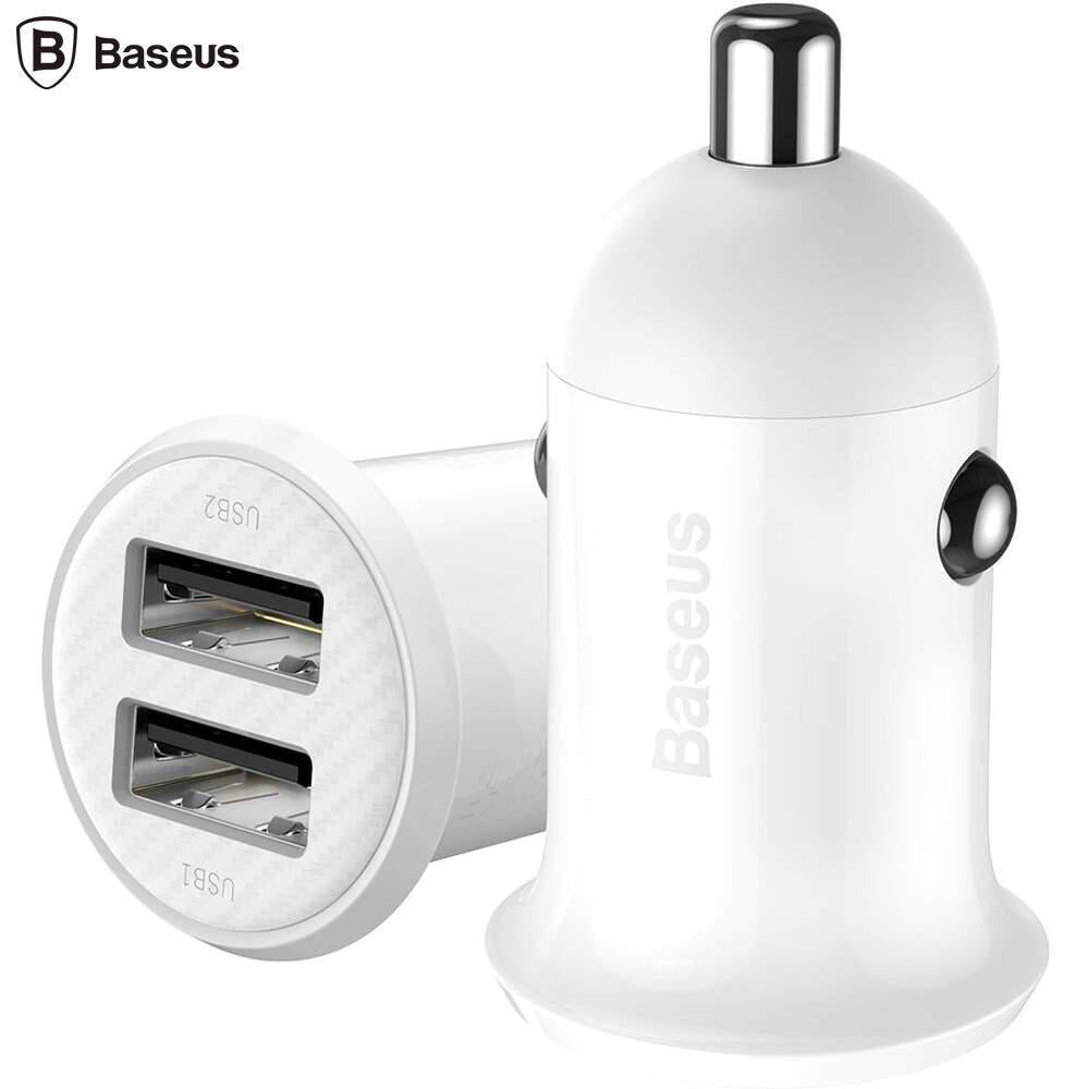 Incarcator auto Baseus Grain Pro, 2 x USB Output 5V/4.8A total ambele porturi, pt. bricheta auto, alb