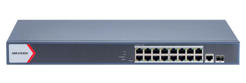 Switch PoE Hikvision DS-3E1518P-EI/M: 16 x gigabit PoE RJ45 ports, 1 × gigabit RJ45 port, 1 x gigabit fiber optical port, 16 porturi PoE maxim 30W, buget PoE 130W, tensiune alimentare 100~240 VAC, 50/60 Hz, Max. 2.5 A, dimensiuni: 440.0 mm × 220.8 mm × 44