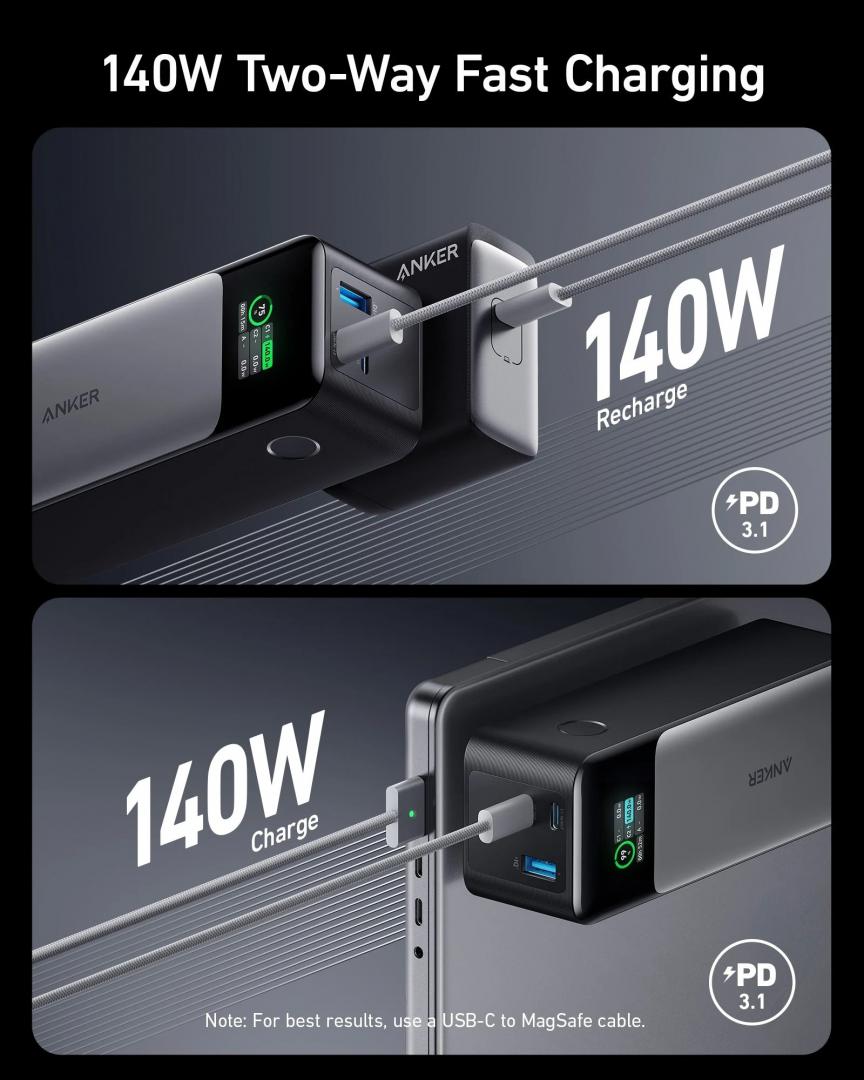Baterie externa Anker 24000mAh, 140W , 1 x USB, 2 x USB Type-C, LED pt. status baterie, 5V/3A, negru