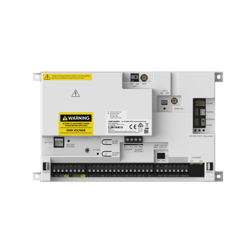 Centrala alarma hibrida AX PRO Hikvision DS-PA502-64, EN50131 GRADE 2, 64 zone pe placa, maxim 64 zone, 32 partitii, dual BUS, 32 echipamente pe BUS, suporta maxim: 16 tastaturi, 8x Expandor 8 zone, 16x Expandor 8 relee, 8 receptoare wireless, 15 surse al