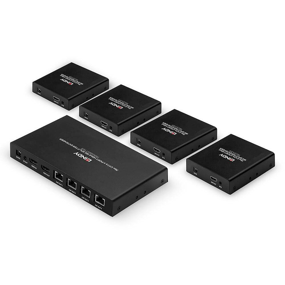 Lindy 70m 4 Port Cat.6 HDMI 4K60 Splitter Extender Description Distribute 4K HDMI signals to up to 4 displays in multiple locations Supports resolutions up to 4K@60Hz, with additional support for HDR Features a loop-through HDMI output on the transmitte