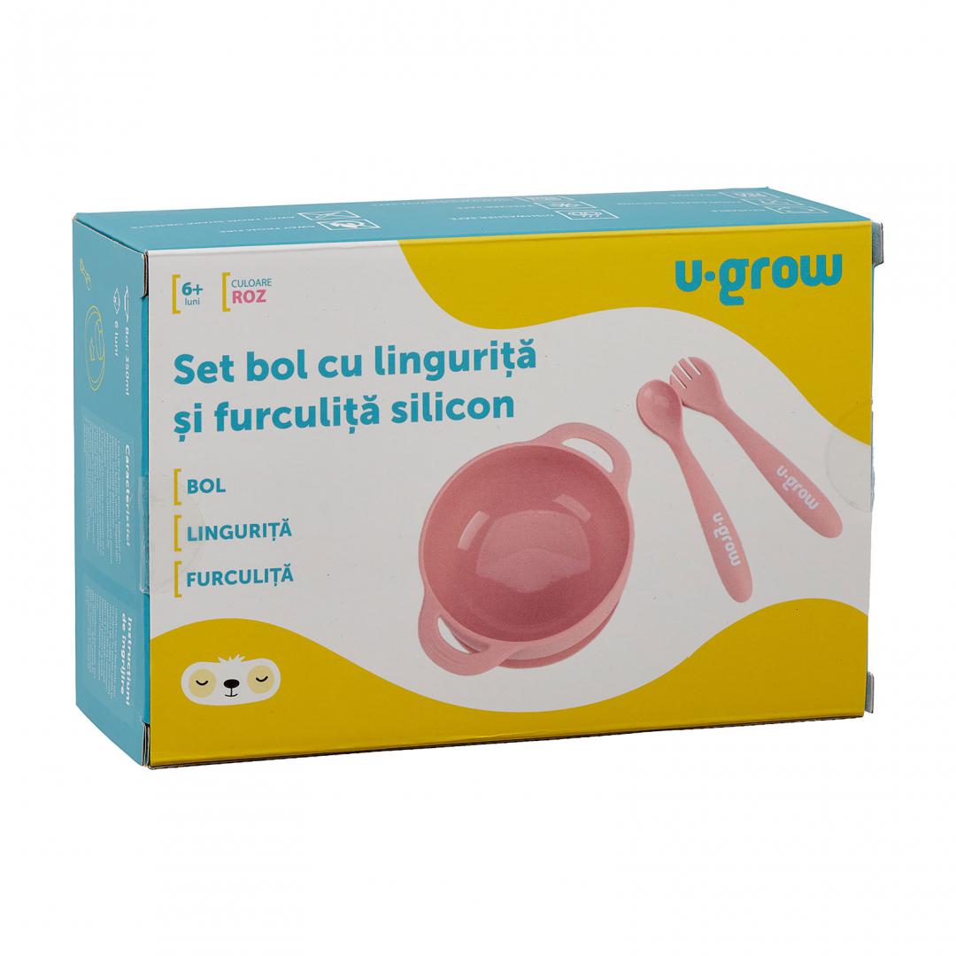 Set bol si lingurita silicon, roz,U-Grow