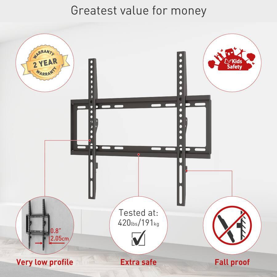 Suport TV de perete Barkan fix, compatiblitate ecran 13-65", greutate maxima suportata 50kg, VESA 75x75~400x400, negru