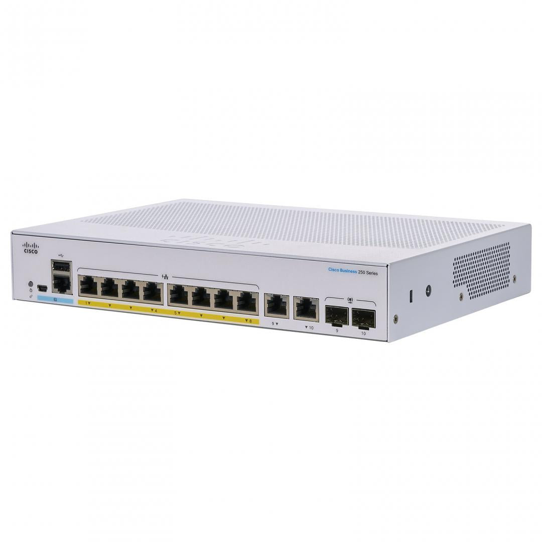 Switch CISCO CBS250-8P-E-2G, 8 PORTURI 10/100/1000, 2 x SFP, POE 60w, Buffer: 1.5 Mb, Flash 256Mb, CPU: 800 MHz ARM , DRAM: 512 MB Dimensiuni: 268 x 185 x 44 mm, Greutate: 1.53 Kg, Consum fara POE: 220V-14.38 W, cu POE: 80.86W, Fanless, Rack-mount.