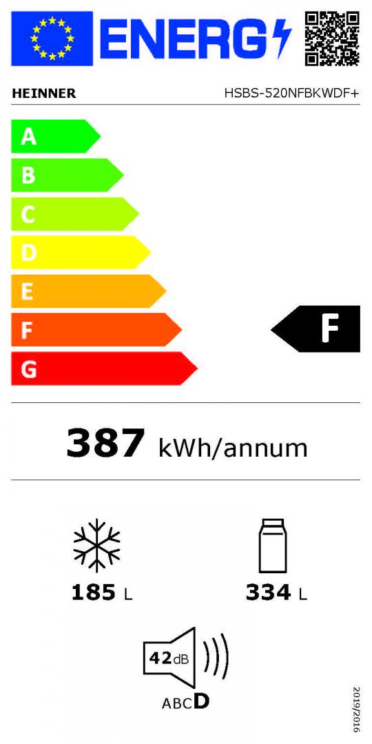 Side by Side HEINNER HSBS-520NFBKWDF+, No Frost, 519 L, Clasa F, Dozator apa, Negru