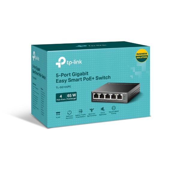 "5-Port Gigabit Easy Smart Switch with 4-Port PoE+ PORT: 4× Gigabit PoE+ Ports, 1× Gigabit Non-PoE Ports SPEC: 802.3at/af, 65 W PoE Power, Desktop Steel Case FEATURE: PoE Auto Recovery, MTU/Port/Tag-based VLAN, QoS, IGMP Snooping, Web/Utility Management,