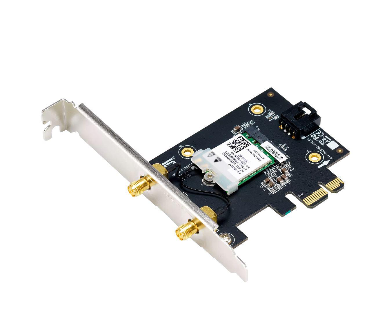 ASUS PCE-AXE5400 Wifi Bluetooth 5.2 PCIe adapter, WI-FI 6, 2.4GHz / 5GHz / 6GHz, greutate: 49.7G, 2 x Antene externe, PCI-Express x 1.