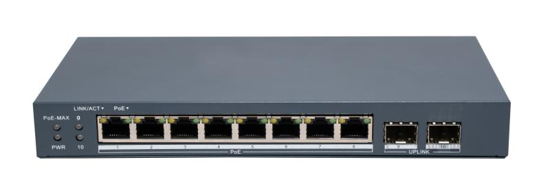 Switch PoE Hikvision DS-3E1510P-EI/M-8P2F: 8 × Gigabit PoE port,2 × Gigabit Fiber Optical port, 8 porturi PoE maxim 30W, buget PoE 80W, tensiune alimentare 54VDC, 1.6A, dimensiuni: 217.6 mm × 27.6 mm × 108.5 mm, greutate: 1.08kg, montare pe birou sau pe p