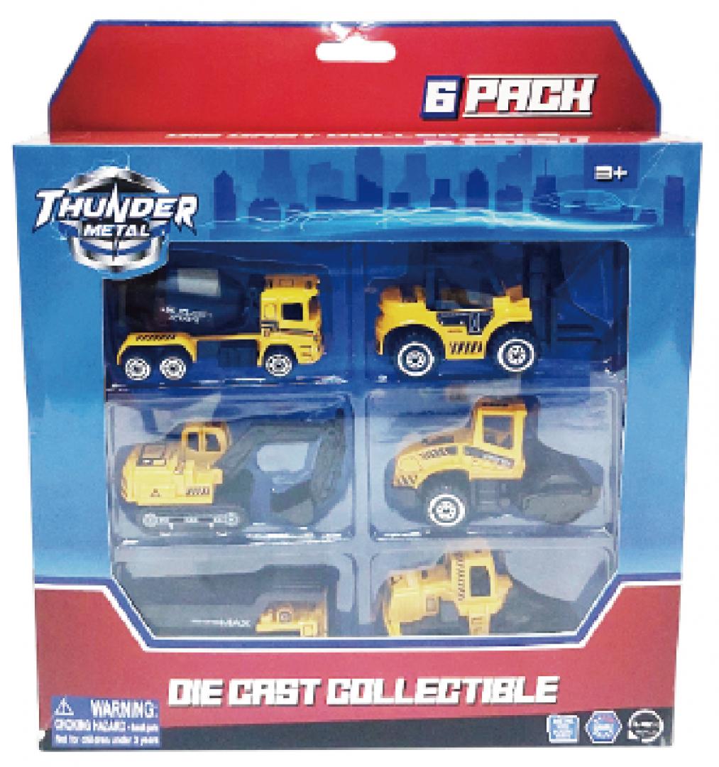 MACHETA DIE CAST, SET 6 UTILAJE, SCARA 1/64, 7.5CM, DIVERSE MODELE SI CULORI- INCARCATOR, COMPACTOR, BULDOZER, BETONIERA, EXCAVATOR SENILE, BASCULANTA- ALB, BLEU,NEGRU SI GALBEN