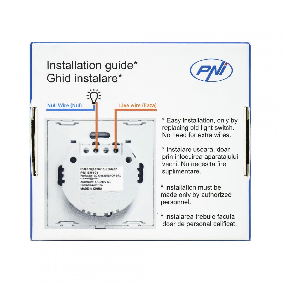 Intrerupator cu touch PNI SH101 alb cu LED indicator cu panoul frontal din sticla temperata transparenta, iar carcasa din spate rezistenta la foc. Poate fi utilizata la o putere maxima de 100W pentru becurile cu LED, iar pentru becurile clasice de maxim 2