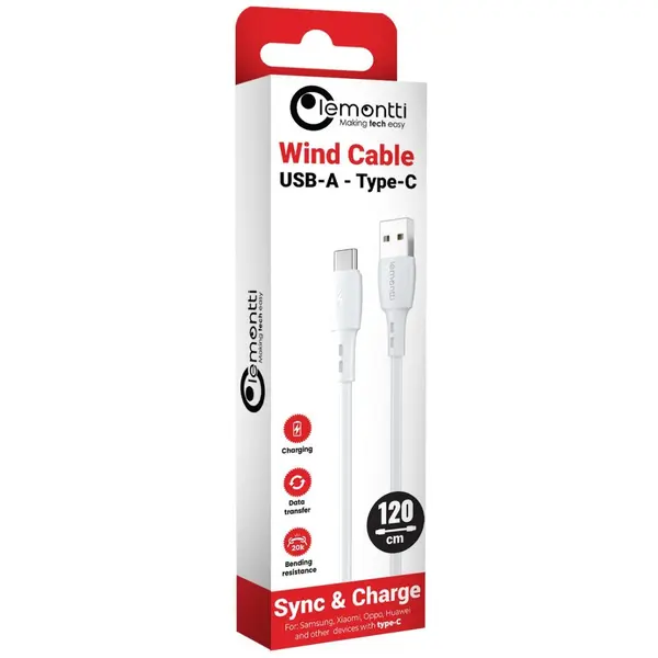 Cablu Lemontti Fast Charge 1.2m, alb (Cablu Lemontti Wind Fast Charge USB-A la Type-C)