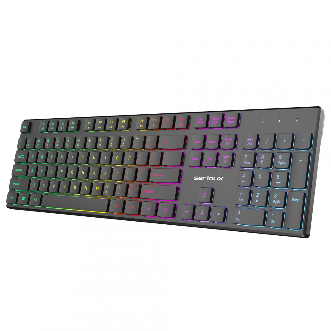 Tastatura Serioux SRXK-SKB709RGB (Tastatură office cu iluminare * Mod: USB cu fir * Număr tastă: 104 * Material:...)