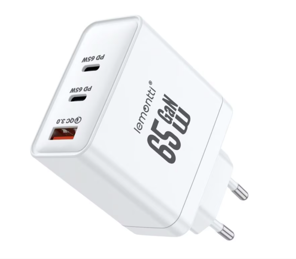 Lemontti Fast Charge 65W Alb (Lemontti Incarcator Retea GaN 2x Type-C si 1x USB-A)