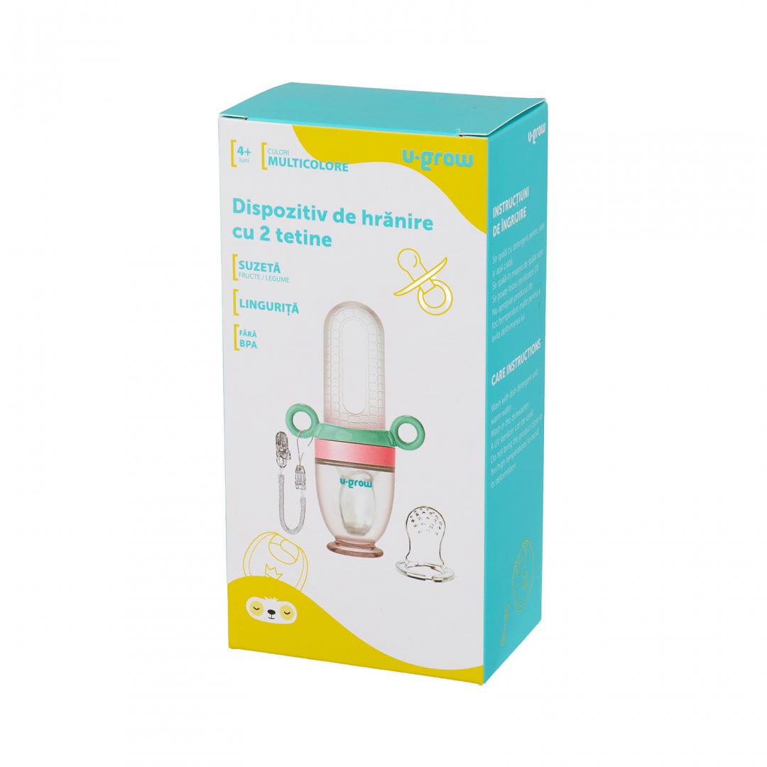 Dispozitiv de hranire cu 2 tetine,U-Grow (Dizpozitiv de hranire cu 2 tetine : suzeta fructe + lingurita)