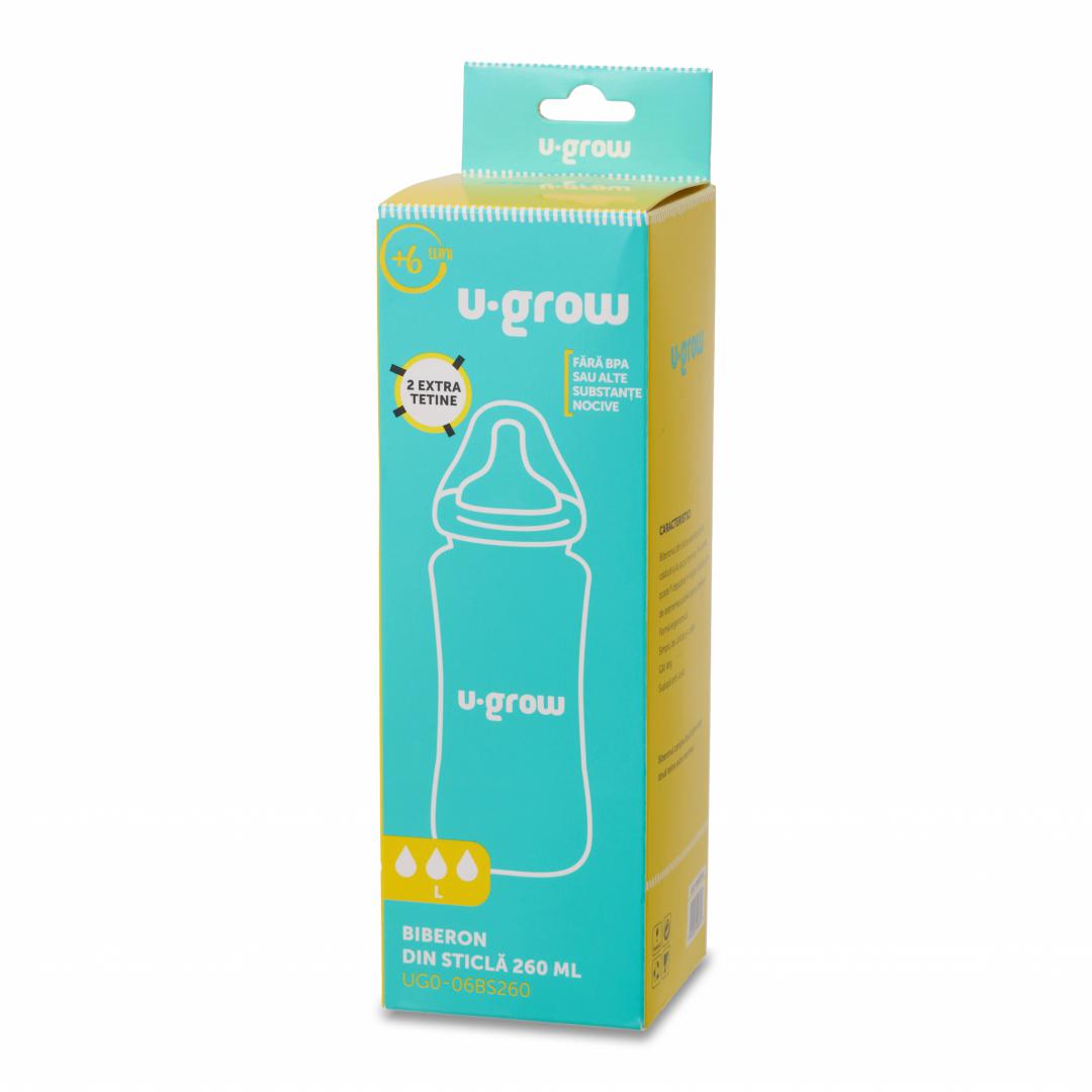 Biberon de sticla 260 ml+2 tetine,U-Grow (Biberon de sticla 260 ml+2 tetine extra)